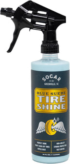 SOCAR Blue Suede Tire Shine Spray & Protectant. New-Tire Smooth Shine. for Rubber, Vinyl, Plastic, Leather, 16 fl oz. UV Protection, No Sling, for Cars, Motorcycles, RVs.