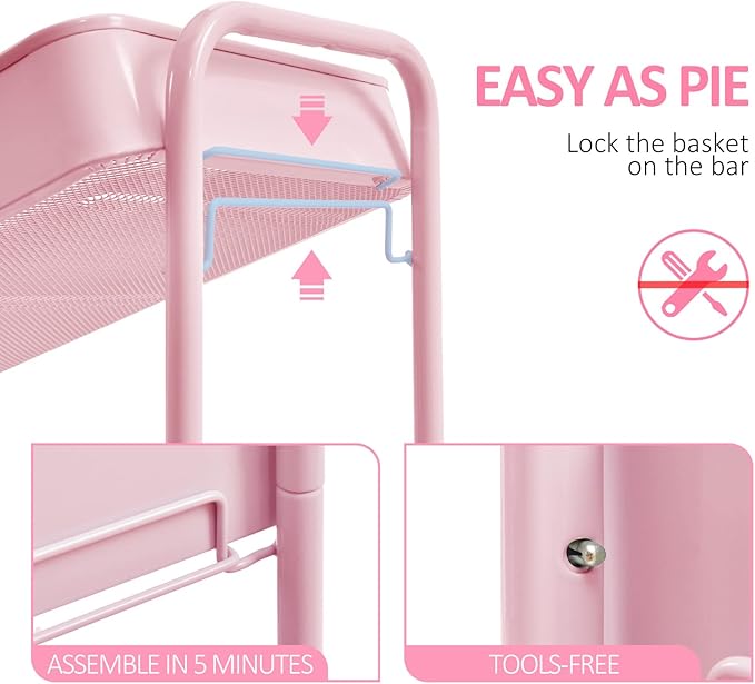 TOOLF 3-Tier Rolling Cart with Table Top, Metal Storage Cart on Wheels, Utility Organizer with Wooden Tray, Lockable Casters, Easy Assembly for Bathroom, Living Room, Office, Bedside, Pink