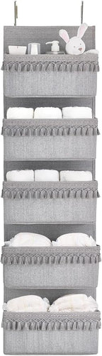 Dahey Over The Door Organizer Boho Nursery Storage Decor Closet Hanging Organizer with Tassels Decoration for Bedroom Nursery Bathroom Apartments Dorm Pantry, 5 Pockets, Grey