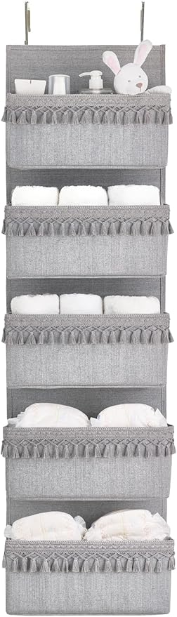 Dahey Over The Door Organizer Boho Nursery Storage Decor Closet Hanging Organizer with Tassels Decoration for Bedroom Nursery Bathroom Apartments Dorm Pantry, 5 Pockets, Grey