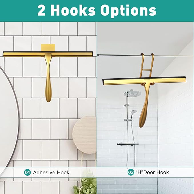 Shower Squeegee for Glass Doors,12-Inch Shower Glass Squeegee, Gold Shower Squeegee for Shower Doors,Mirror,Windows, with Shower Door Hook and Adhesive Hook