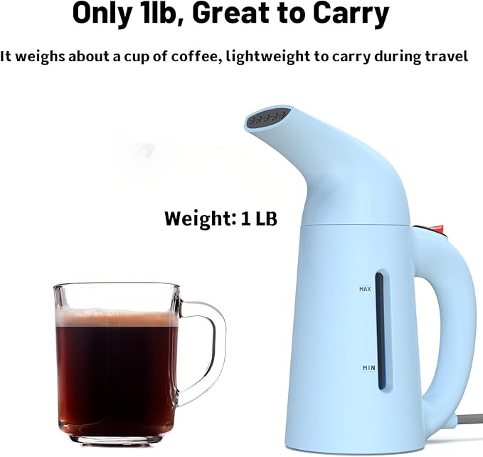 Handheld Garment Steamer for Clothes, Portable Clothes Steamer Remove Wrinkle, 180ml Water Tank, 12 minutes Continuous Steam, 2.3 meter Cord, Ideal for ALL Fabrics, One button Design (Blue)