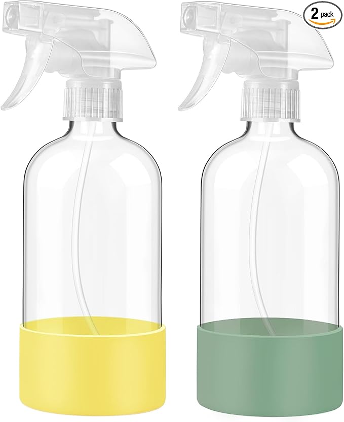 JohnBee Glass Spray Bottles with Silicone Sleeve, 2 Pack16 oz Empty Refillable Containers with Adjustable Nozzles, Spray Bottles for Hair, Cleaning Solutions and Plants, Olive Green&Yellow