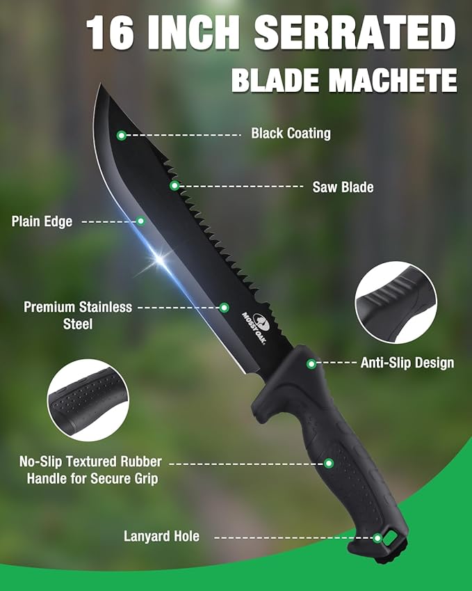Mossy Oak 16" Heavy Duty Machete with Saw and Sheath, Sharp Dual-Edge Blade, Ergonomic Non-Slip Handle for Bushcraft, Outdoor Hunting, Garden Cutting and Yard Work