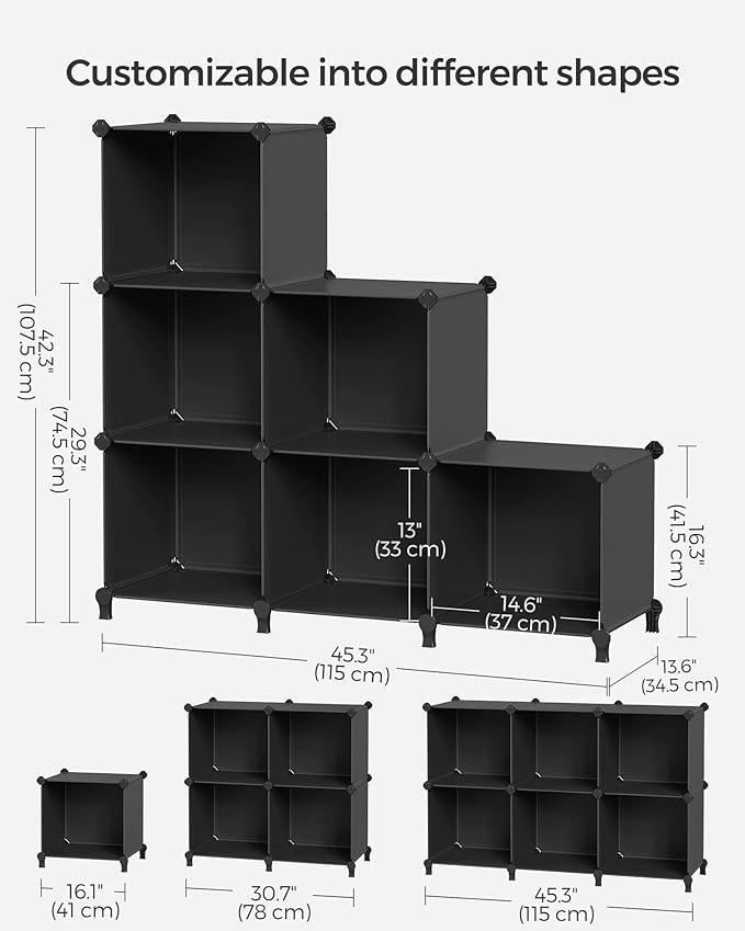 SONGMICS 6 Cube Storage Organizer, Modular Bookshelf, DIY Closet Organizers and Storage, Plastic Stackable Shelves, 14.6 x 13 x 13 Inch Cubes, with Feet and Rubber Mallet, Black ULPC206B01