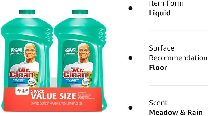 Mr. Clean Meadows and Rain Febreze Freshness Multi-Surface Cleaner 45 Fl Oz (Pack of 2) 90 Fl Oz