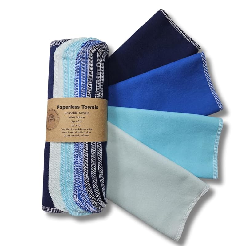 Paperless Towels, 12-12" X 10" Washable Paper Towels, Reusable Paper Towels, 100% Cotton (Blues)