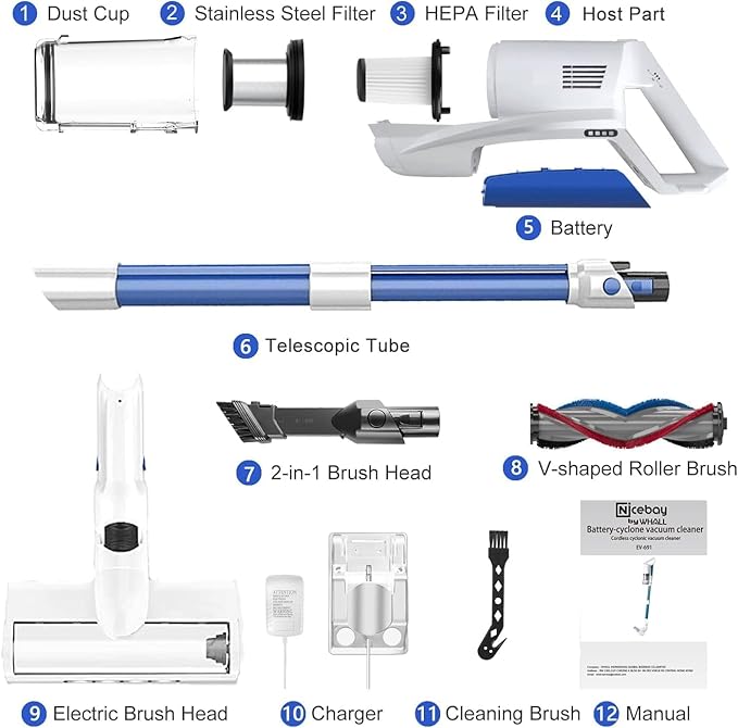 Whall Cordless Vacuum Cleaner, Lightweight Stick Vacuum with 55mins Runtime, Powerful Suction, Rechargeable Cordless Vacuum for Carpet, Tile, Pet Hair, Hardwood Floors,Brushless Motor.White