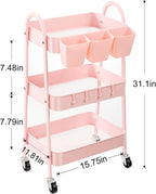 Danpinera 3-Tier Rolling Cart, Metal Storage Cart with Lockable Wheels, Hanging Cups & Hooks, Mobile Trolley for Kitchen, Bathroom, Office, Workshop, Pink