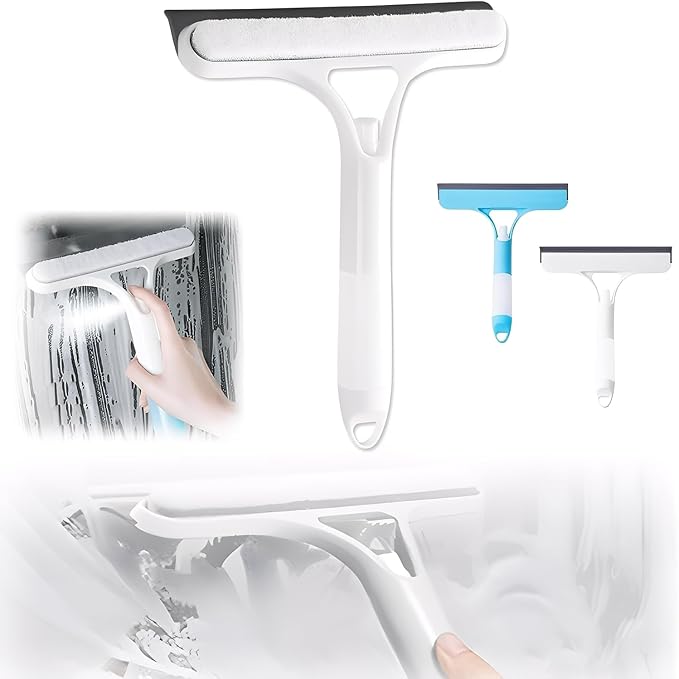 3 in 1 Window Cleaning Scraper with Spray, Scrubber and Shower Squeegee for Glass Doors, Mirrors, Car and Home, All-Purpose Window Cleaner Tool (White)