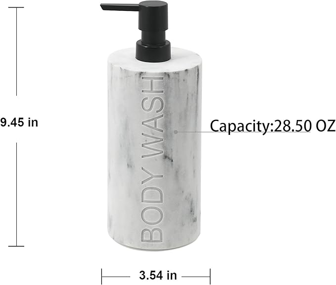 White Body Wash Dispenser Luxurious Refillable Pump Bottle with Embossed Text, Durable Construction for Bathroom and Kitchen