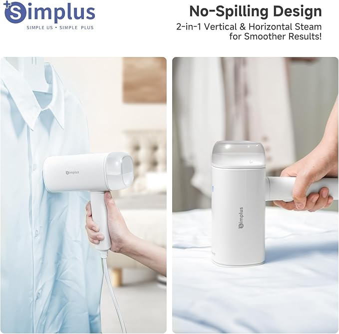 SIMPLUS Travel Steamer for Clothes, Portable Handheld Garment Steamer for Clothing, 10s Fast Heat Up, 170ml Water Tank with Measuring Cup, Small Foldable Fabric Wrinkle Remover for Home, White