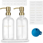 Glass Soap Dispenser - Dish Soap Dispenser for Kitchen, Hand Soap Dispenser Set, Bathroom Soap Dispenser with 304 Rust Proof Pump, Soap Dispenser for Kitchen with Tray, Clear Bottle/Gold Pump