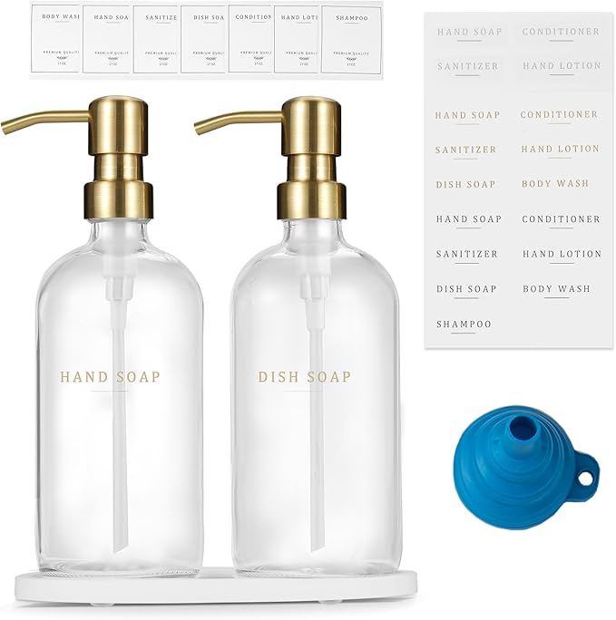 Glass Soap Dispenser - Dish Soap Dispenser for Kitchen, Hand Soap Dispenser Set, Bathroom Soap Dispenser with 304 Rust Proof Pump, Soap Dispenser for Kitchen with Tray, Clear Bottle/Gold Pump