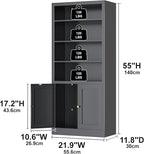 Bookshelf with Doors and Adjustable Shelves, 55" Tall Metal 5-Tier Bookcase, Freestanding Bookshelf for Living Room, Home Office, Kitchen Pantry Organizer Rack (Black)