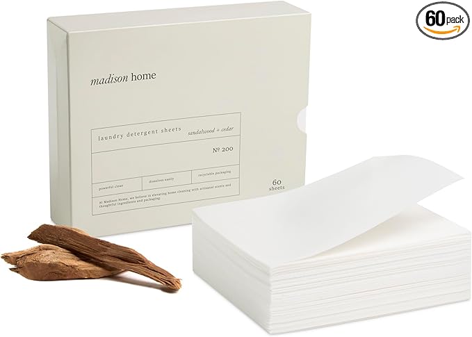 Madison Home Laundry Detergent Sheets, Hypoallergenic with Stain Fighting Special Bio-Enzymes, Home & Travel Laundry Detergent Sheets, Plastic Free Packaging, Sandalwood and Cedar, 60 sheets