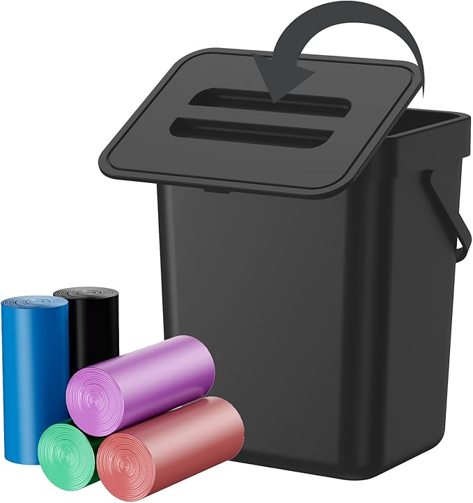 Compost Bin Kitchen, Bring 5 Rolls (100) of Garbage Bags, for Use on Countertops or Under Sinks, Hanging Trash Can with Lid, for Cupboard/Bathroom/Bedroom/Office/Camping(Black 1.3 Gallon/5L)