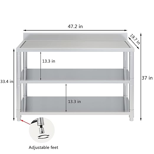 Heavy Duty Free Standing Stainless-Steel Commercial Restaurant Kitchen Work Table, Prep & Utility Workbench with Double Storage Shelves Rack Indoor Outdoor (47.2in)