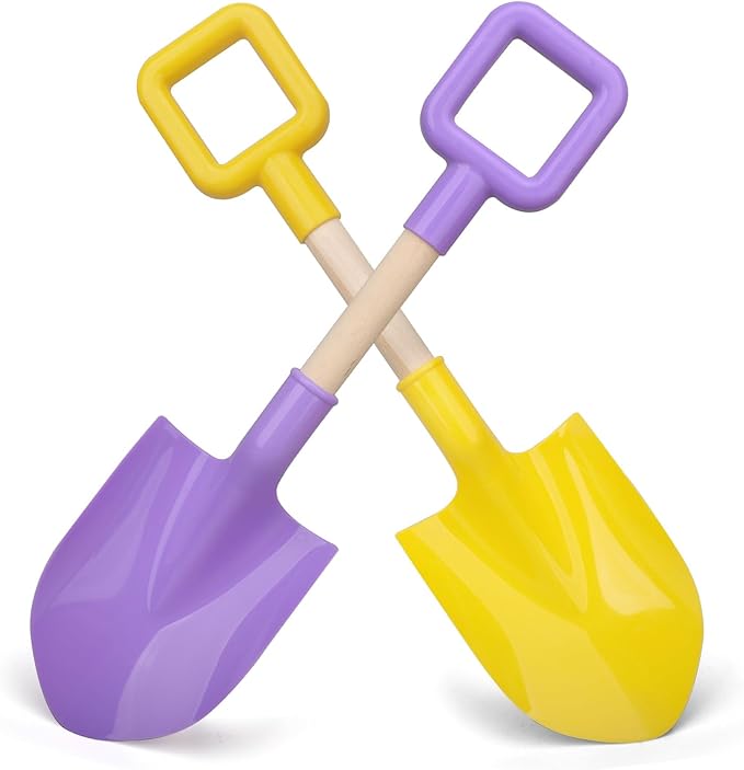 Long Beach Shovel Sand Spades Wood Handle, Sturdy Scoop Sandbox Toys for Kids Adults, Garden Backyard Planting Tools Kit for Digging, ABS Plastic Spade Beach Essential - Yellow Purple