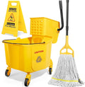 38 Qt Commercial Bucket with Side Press Wringer on Wheels, Yellow Industrial Set for Floor Cleaning, Including 1 Industrial Mop and Wet Floor Caution Sign, Beyoco