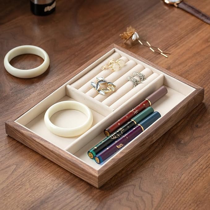 Black Walnut Wood Jewelry Tray with Velvet Lining, Multi-Functional Jewelry Organizer for Rings, Earrings, Necklaces & Bracelets, Drawer Jewelry Storage & Display Tray