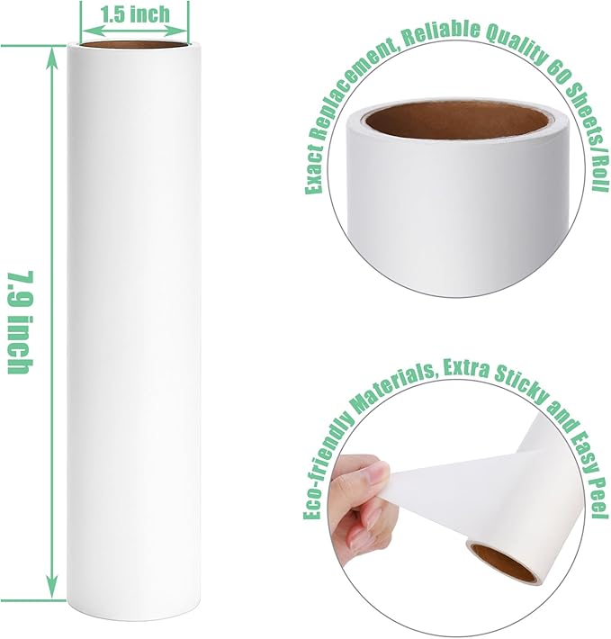 7.9 inch Lint Roller Refills Only, Extra Sticky Tape Roller Refills for Large Floor Lint Roller 7.9'' Width Sticky Roller Replacment Refill Pack of 5 Rolls, Total 300 Sheets (7.9'' Wide)