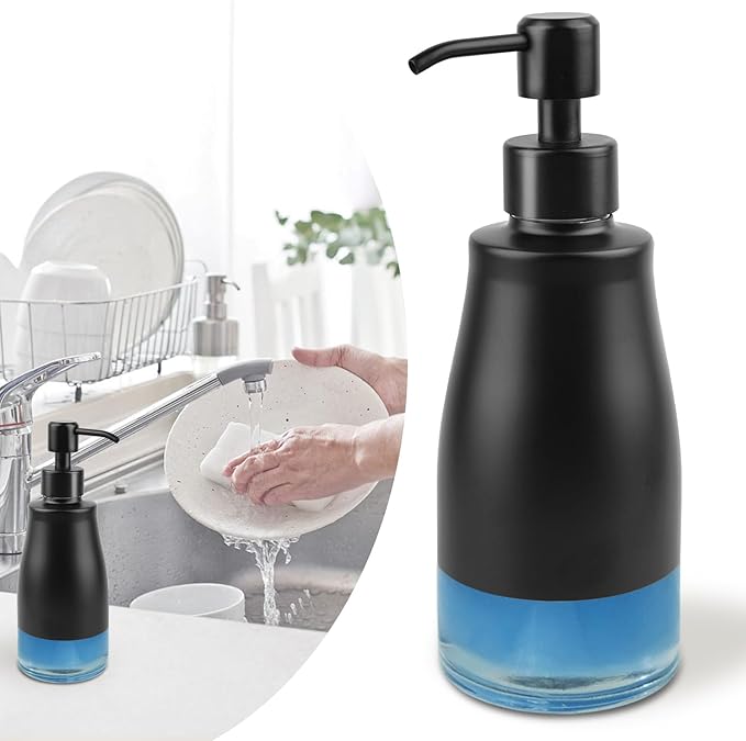 Soap Dispenser with Stickers, Stainless Steel Case Glass Liner Hand Pump Dispenser, Refillable Dish Soap Dispenser for Kitchen Bathroom, Decorative Liquid Hand Soap Dispensers Matte Black(10 OZ)