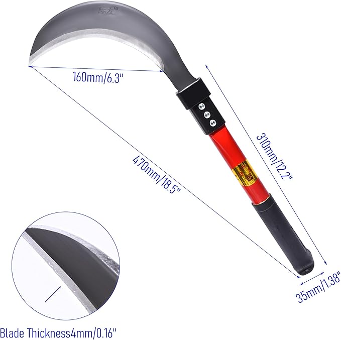 1pce 470mm/18.5in Manganese Steel Billhook Brush Clearing Sickle for Grass,Weeding Tools for Garden,Curved Sawtooth Sickle,Machete Axe for Cutting Trees,Steel Blade Knife in Hand