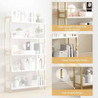 Wide Open Shelf Bookcase - Modern 5-Tier Floor Standing Display Bookshelf with Top Edge for Home and Office, Storage Shelving in Warm White with Gold Frame
