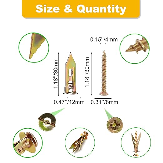 200 PCS Drywall Self Drilling Anchors with Screws Kit,100 PCS Sheetrock Anchors (0.47X1.18inch) and 100 PCS Screws, Eliminating The Need for Drilling or Punching Holes in The Wall.