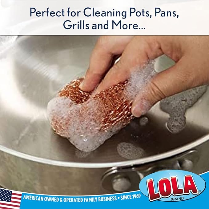 LOLA Copper Mesh Scouring Pad, 12 Pack, 45 Grams, 4" Heavy Duty Cleaning Pads, Copper Coated Knitted Wire Mesh, Recyclable, Cleans Baked On Messes