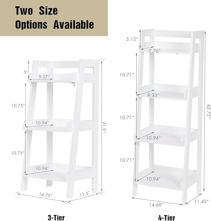 UTEX 4-Tier Ladder Shelf, Bathroom Shelf Freestanding, 4-Shelf Spacesaver Open Wood Shelving Unit, Ladder Shelf (White)