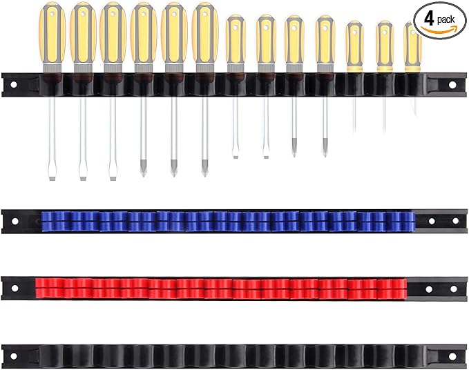 CASOMAN 4 pcs Screwdriver Organizer and Wrench Organizer, Hand Tool Holder, Plastic Rail Wrench Hanger with Clips
