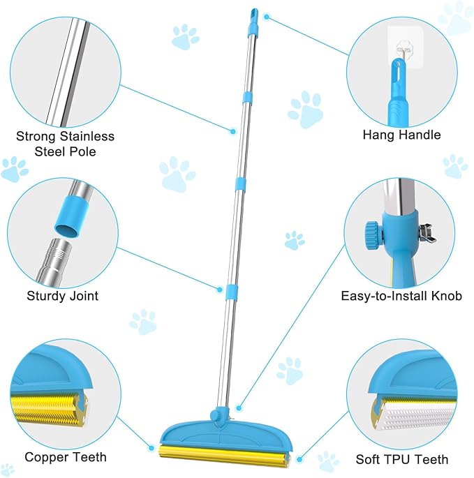 Carpet Rake for Dog Hair Remover: 2 in 1 Reusable Pet Hair Remover – 60‘’ Adjustable Long Handle Carpet Removal Tool for Dog Cat Human Hair – Carpet Scrape Cleaning for Rug Couch Bed