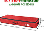 Primode Wrapping Paper Storage Container | Gift Wrap Organizer Under Bed | 41”x14”x6” | Fits 18-24 Rolls Up to 40” | 600D Oxford | Box Holder with Pockets for Ribbon, Bows and Accessories (Red)