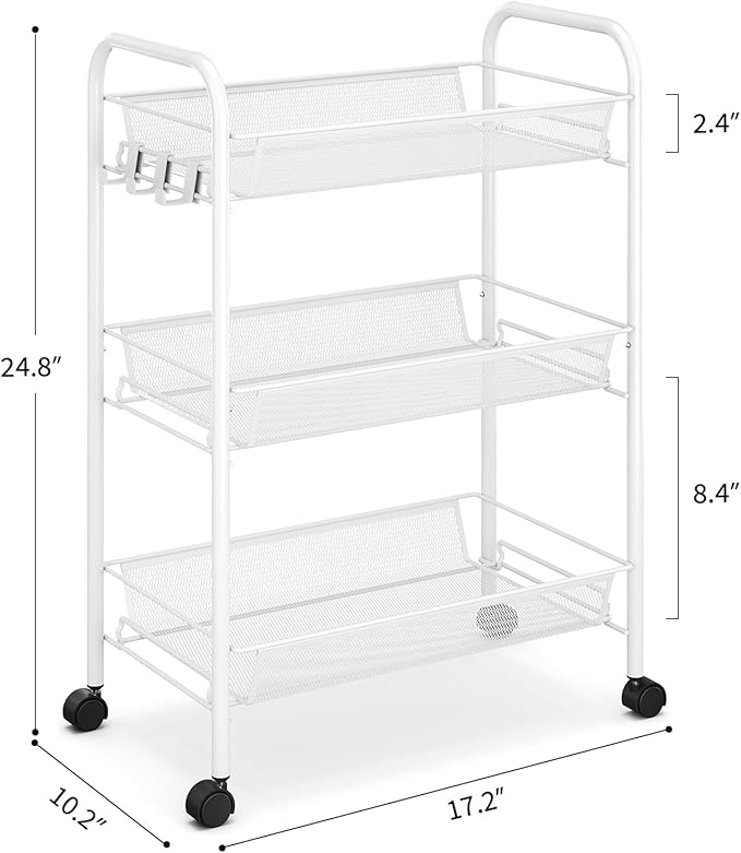 TOOLF 3-Tier Metal Rolling Cart, Mesh Wire Easy Assemble Utility Cart, Storage Trolley on Wheels with 3 Hooks, MetalStorage Shelving Units for Kitchen Bathroom Laundry Room
