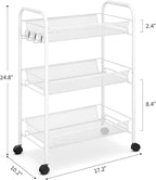 TOOLF 3-Tier Metal Rolling Cart, Mesh Wire Easy Assemble Utility Cart, Storage Trolley on Wheels with 3 Hooks, MetalStorage Shelving Units for Kitchen Bathroom Laundry Room