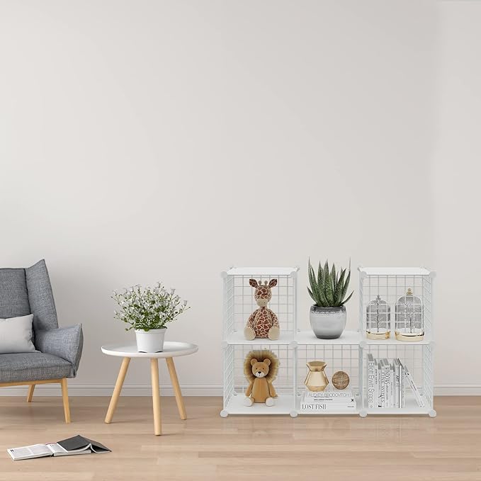 HUBSON Wire Cube Storage Organizer, Book/Toy/Craft/Potted Plants and petCloset Organizers and Storage Shelves, 6-Cube Freely Combinable Metal Grids Storage Shelf,White Plus Iron