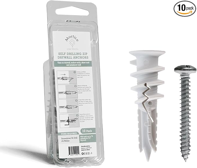 Premium Nylon 66 Self-Drilling Drywall Anchors & Screws kit | Hang Cabinets, Tv Wall Mount, Pictures, Towel Racks | 10#8X 1-1/4 Philips Screws and 10 Nylon Anchors | Holds 90lbs