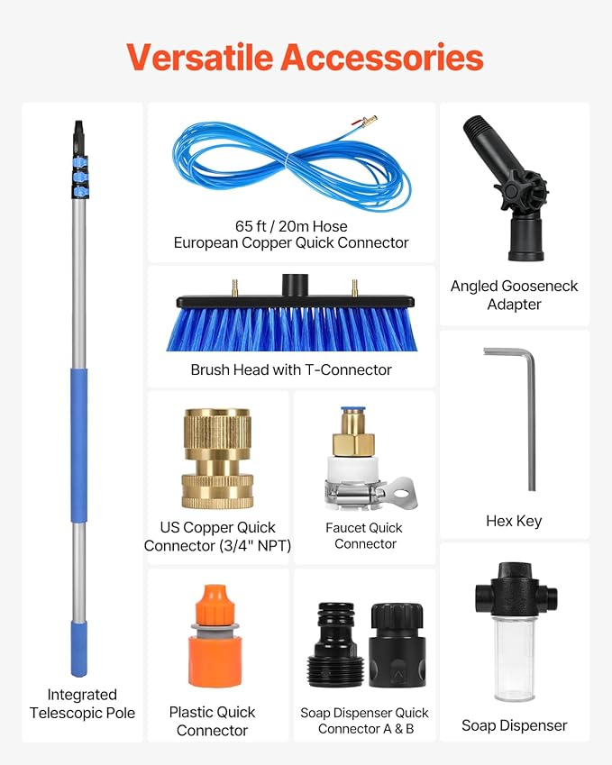 VEVOR Water Fed Pole Kit, 20FT Solar Panel Cleaning Pole with Extendable Handle, 180° Rotatable Brush Head & 65.6FT Hose, Household & Outdoor Window Cleaner Tool for Caravan Solar Panel Deck