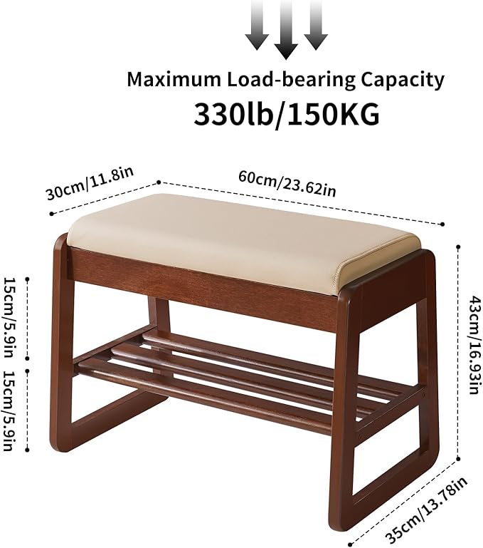 Solid Wood Shoe Bench with Cushion, 2 Tiers Wood Shoe Bench with Flip-Top Storage, 23.62in Shoe Rack for Entryway, Hallway, Walnut Color YD-WD060B