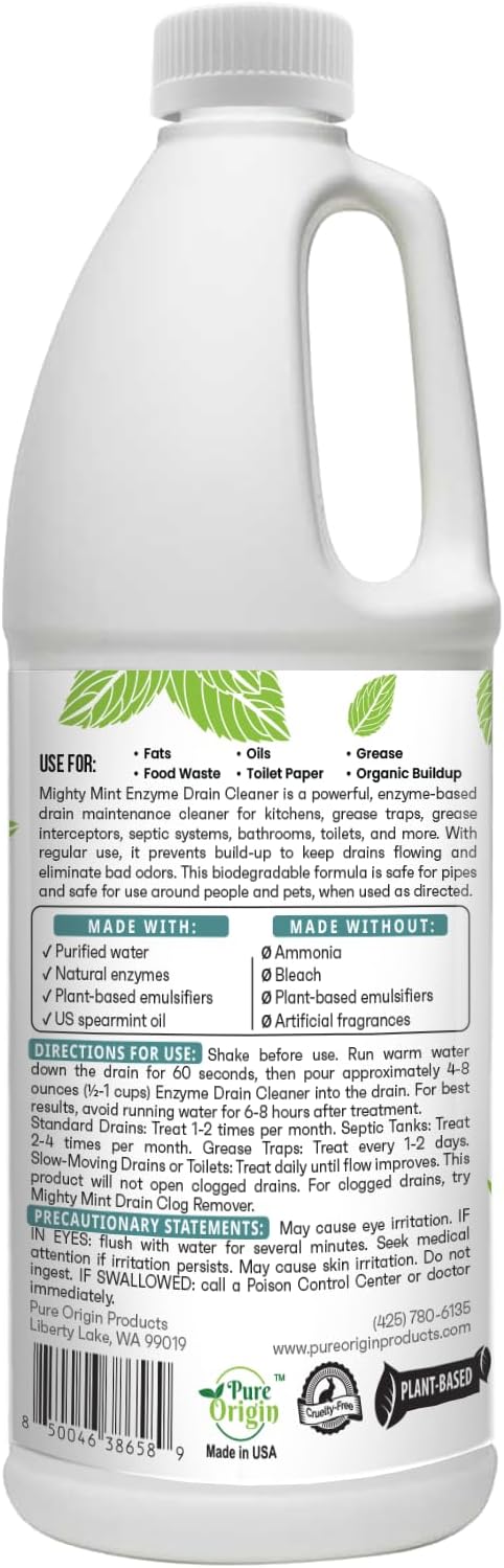 Mighty Mint Drain Maintainer with Enzymes – Drain Cleaner Controls Bad Smells and Prevents Buildup for Drains, Grease Traps, Septic, 32oz