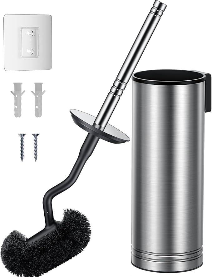 HAMITOR Toilet Brush and Holder Set: 304 Stainless Steel Heavy Duty Bowl Cleaner Brush - Deep Cleaning Under Rim Curved Bristle - Space Saving Wall-Mounted for Home RV Bathroom Accessories Silver