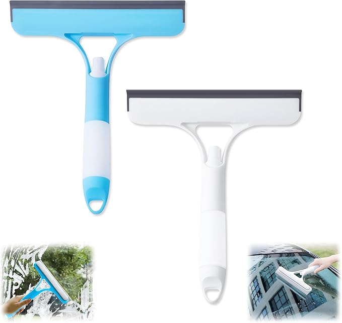 2PC 3 in 1 Window Cleaning Scraper, 3 in 1 Spray Squeegee, Window Squeegee with Spray, for Kitchen, Bathroom, Wall, Glass Windows, Table Top, Car Window (Blue + White)