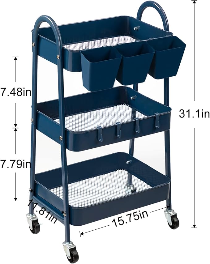 danpinera 3-Tier Rolling Cart, Metal Rolling Storage Cart with Lockable Wheels & Hanging Cups & Hooks, Mobile Trolley Cart for Kitchen, Bathroom, Office, Workshop, Dark Blue