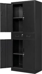 Metal Storage Cabinets with 1Drawer, 71" Storage Cabinet with 4 Locking Doors and 2 Adjustable Shelves, Steel Storage File Cabinet for Pantry Home, Kitchen, Office, Garage (Black)
