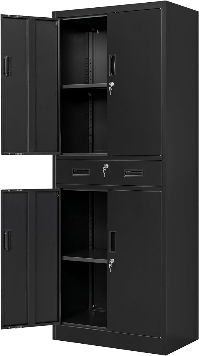 Metal Storage Cabinets with 1Drawer, 71" Storage Cabinet with 4 Locking Doors and 2 Adjustable Shelves, Steel Storage File Cabinet for Pantry Home, Kitchen, Office, Garage (Black)
