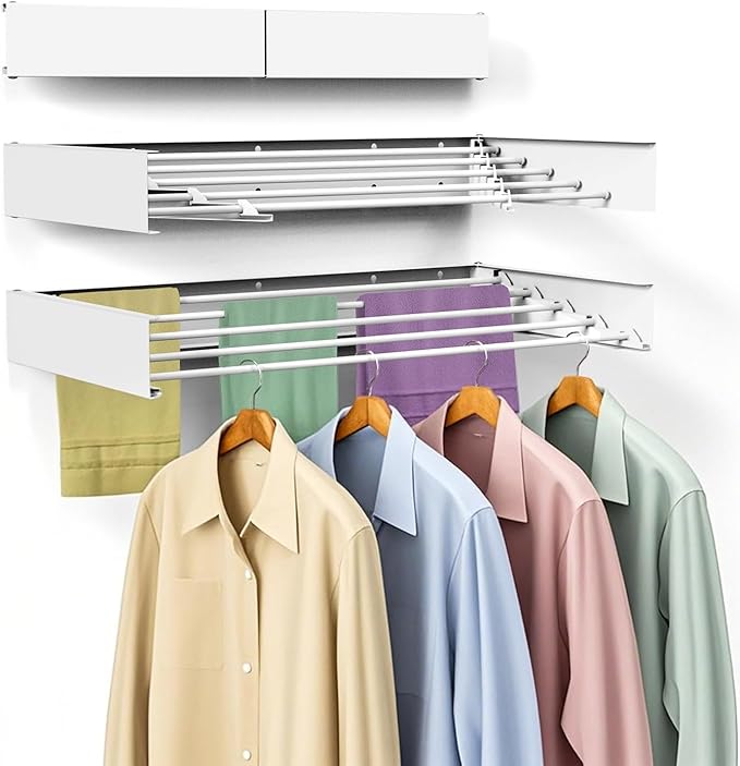 Laundry Drying Rack, Collapsible Wall Mounted Clothes Drying Rack - Foldable,Space Saving, 13.2 Linear Ft, 5 Aluminum Rods, 60 lb Capacity (White, 31.5)
