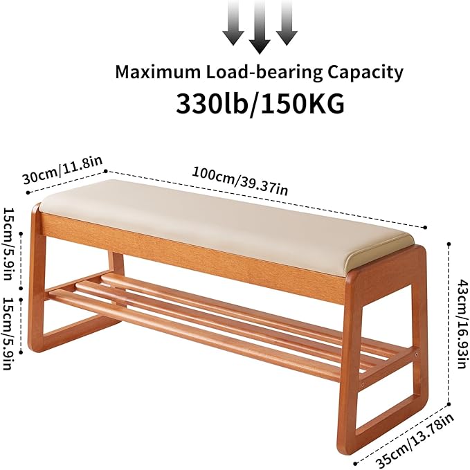 Wood Shoe Bench with Flip-Top Storage, 2-Tier Entryway Shoe Bench, 39.37in Shoe Rack with Cushion for Living Room, Cherry Wood Color YD-WD062C