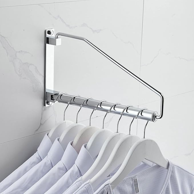 Laundry Hanger,NEWRAIN Wall Mounted Clothes Hanger with Swing Arm Holder Brass Hanging Drying Rack Space Saver,Chrome